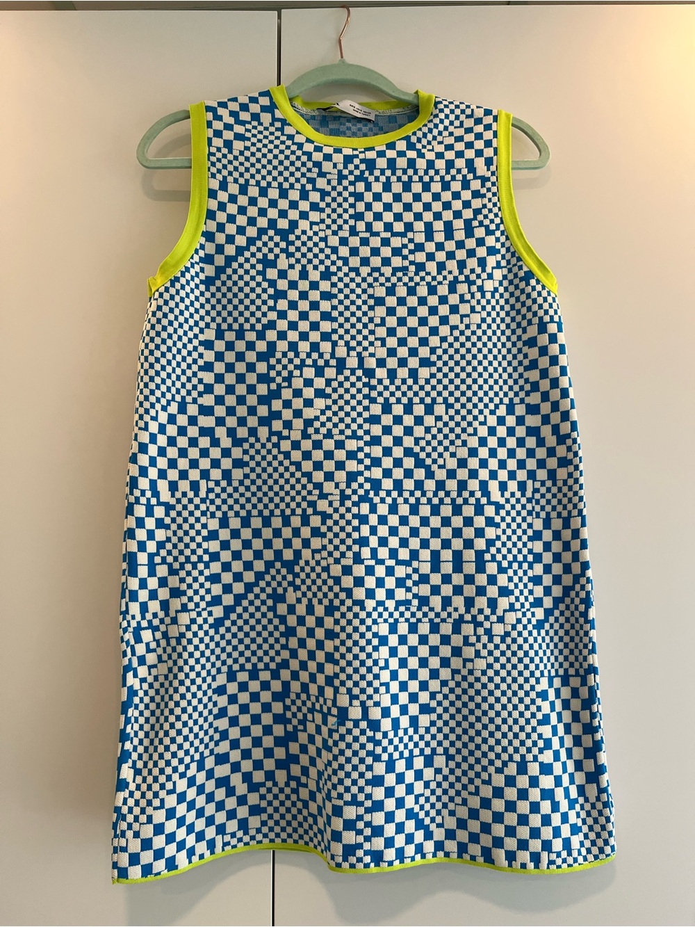NEW Zara Blue and White Checker Knit Tank with Neon Green Trim